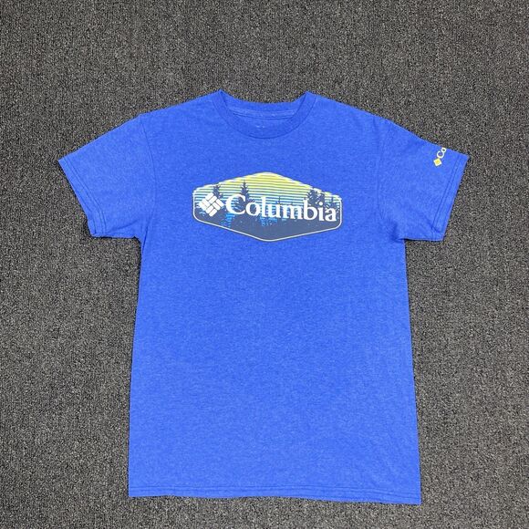 Columbia T Shirt Men's Short Sleeve Blue Crew Neck Logo Graphic Size Small - Picture 1 of 6